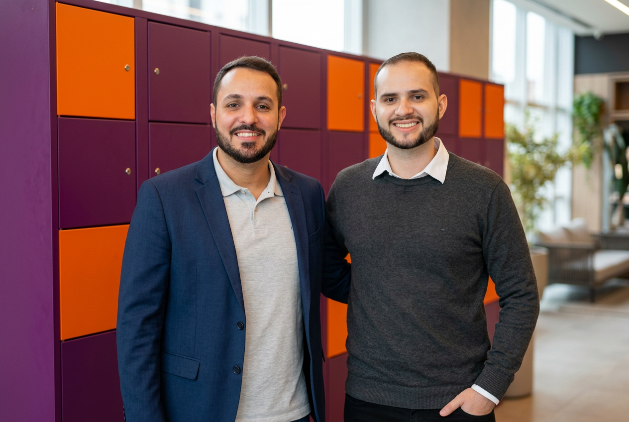 Leonardo e Thiago, fundadores da PostWall, em frente a um painel de lockers nas cores da marca